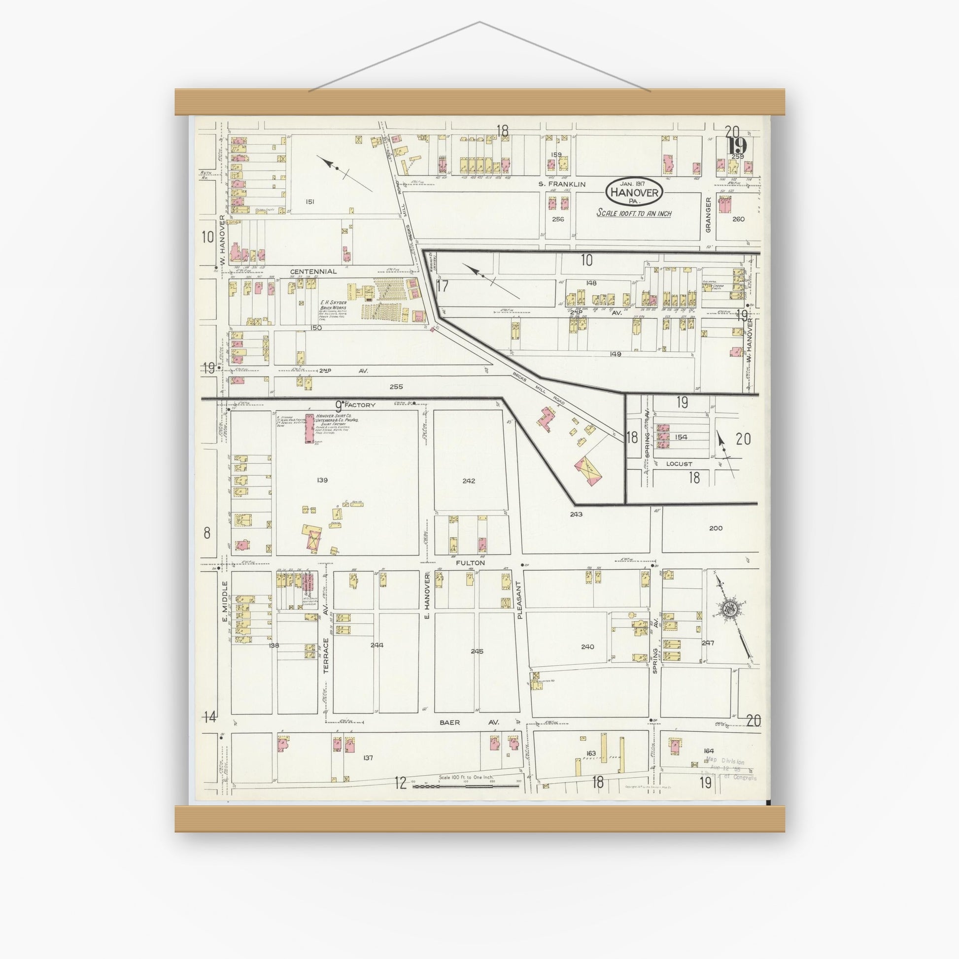 Old map wall art mockup — magnetic wood frame on white wall — Sanborn Fire Insurance Map from Hanover, York County, Pennsylvania (1917), Sheet #0019