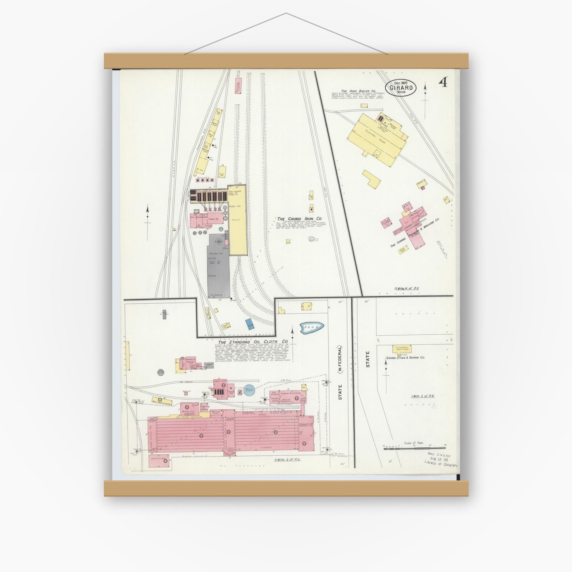 Old map wall art mockup — magnetic wood frame on white wall — Sanborn Fire Insurance Map from Girard, Trumbull County, Ohio (1907), Sheet #0004