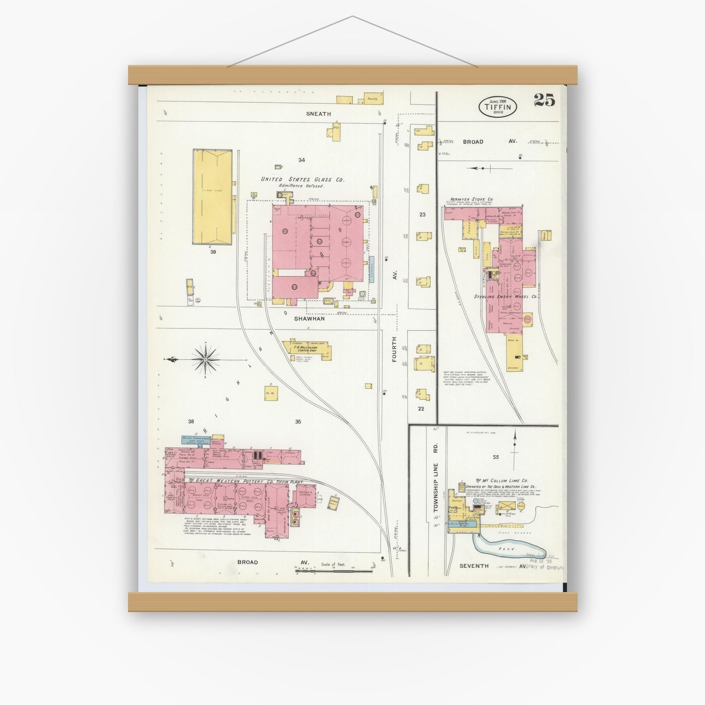 Old map wall art mockup — magnetic wood frame on white wall — Sanborn Fire Insurance Map from Tiffin, Seneca County, Ohio (1908), Sheet #0025