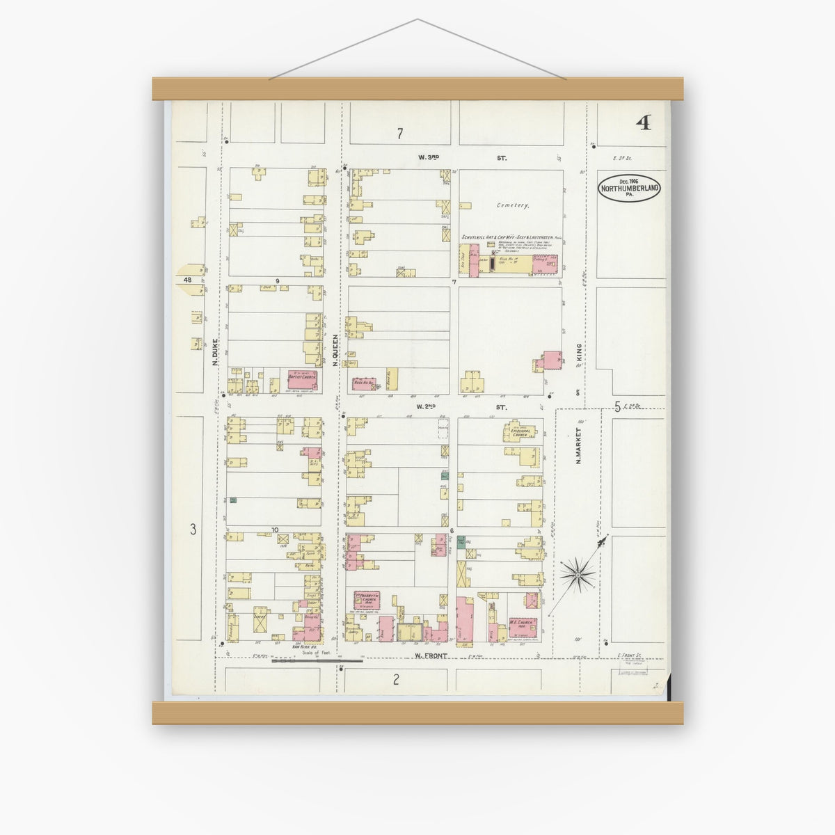 Old map wall art mockup — magnetic wood frame on white wall — Sanborn Fire Insurance Map from Northumberland, Northumberland County, Pennsylvania (1906), Sheet #0004