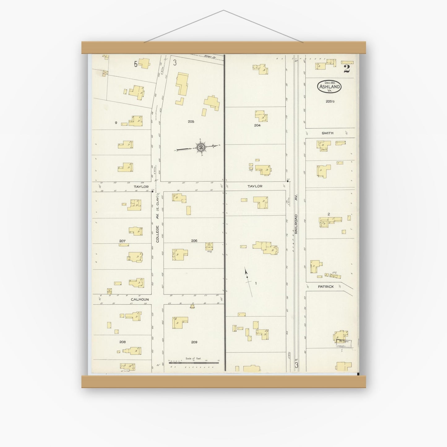 Old map wall art mockup — magnetic wood frame on white wall — Sanborn Fire Insurance Map from Ashland, Hanover County, Virginia (1913), Sheet #0002