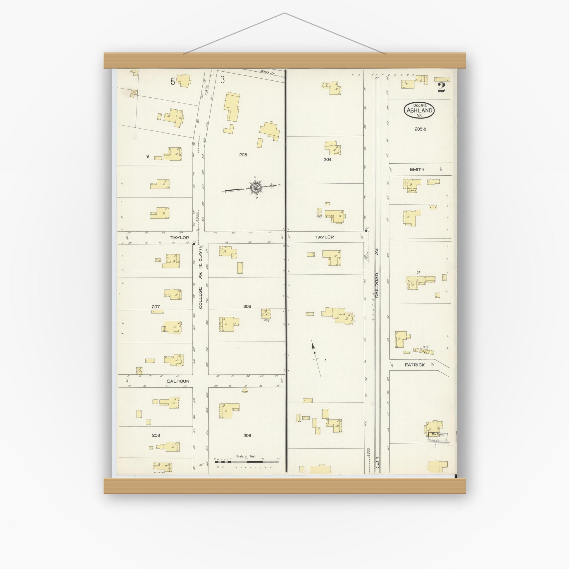 Old map wall art mockup — magnetic wood frame on white wall — Sanborn Fire Insurance Map from Ashland, Hanover County, Virginia (1913), Sheet #0002