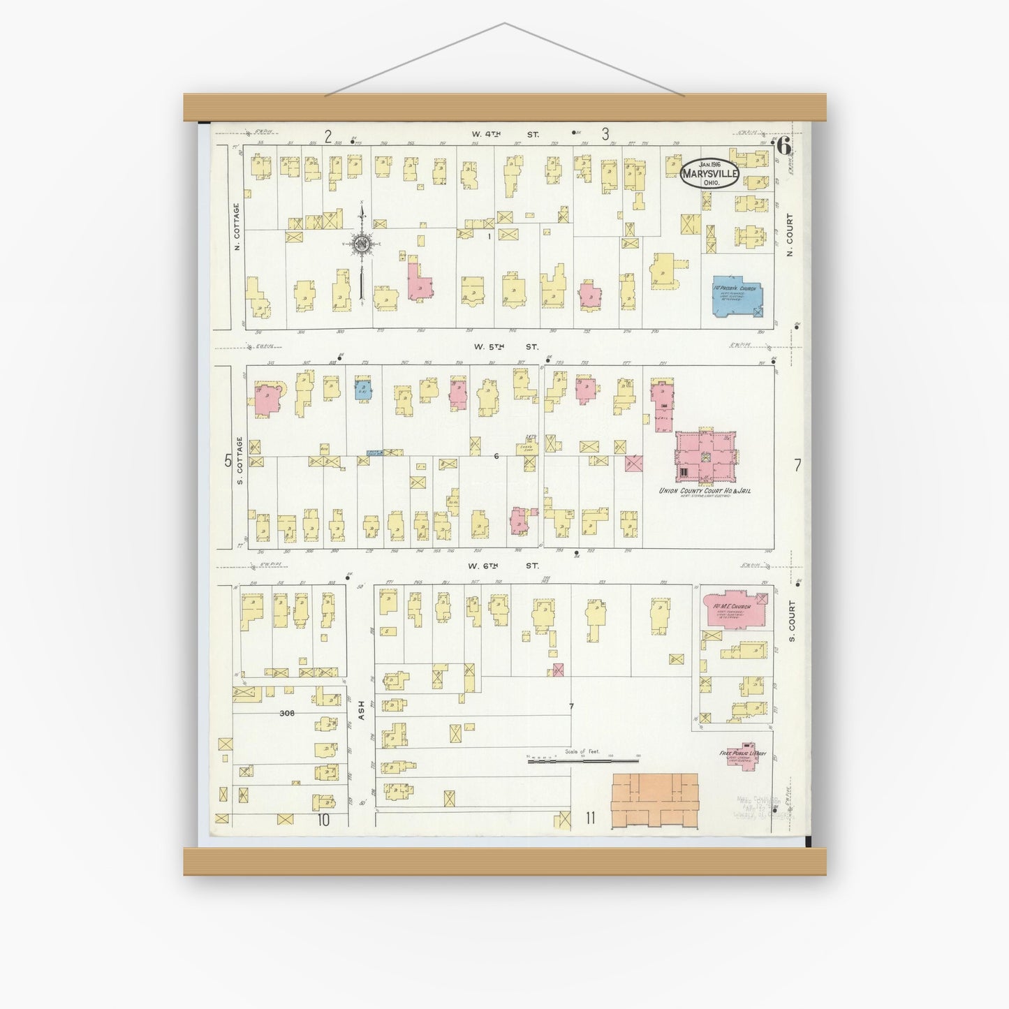 Old map wall art mockup — magnetic wood frame on white wall — Sanborn Fire Insurance Map from Marysville, Union County, Ohio (1916), Sheet #0006