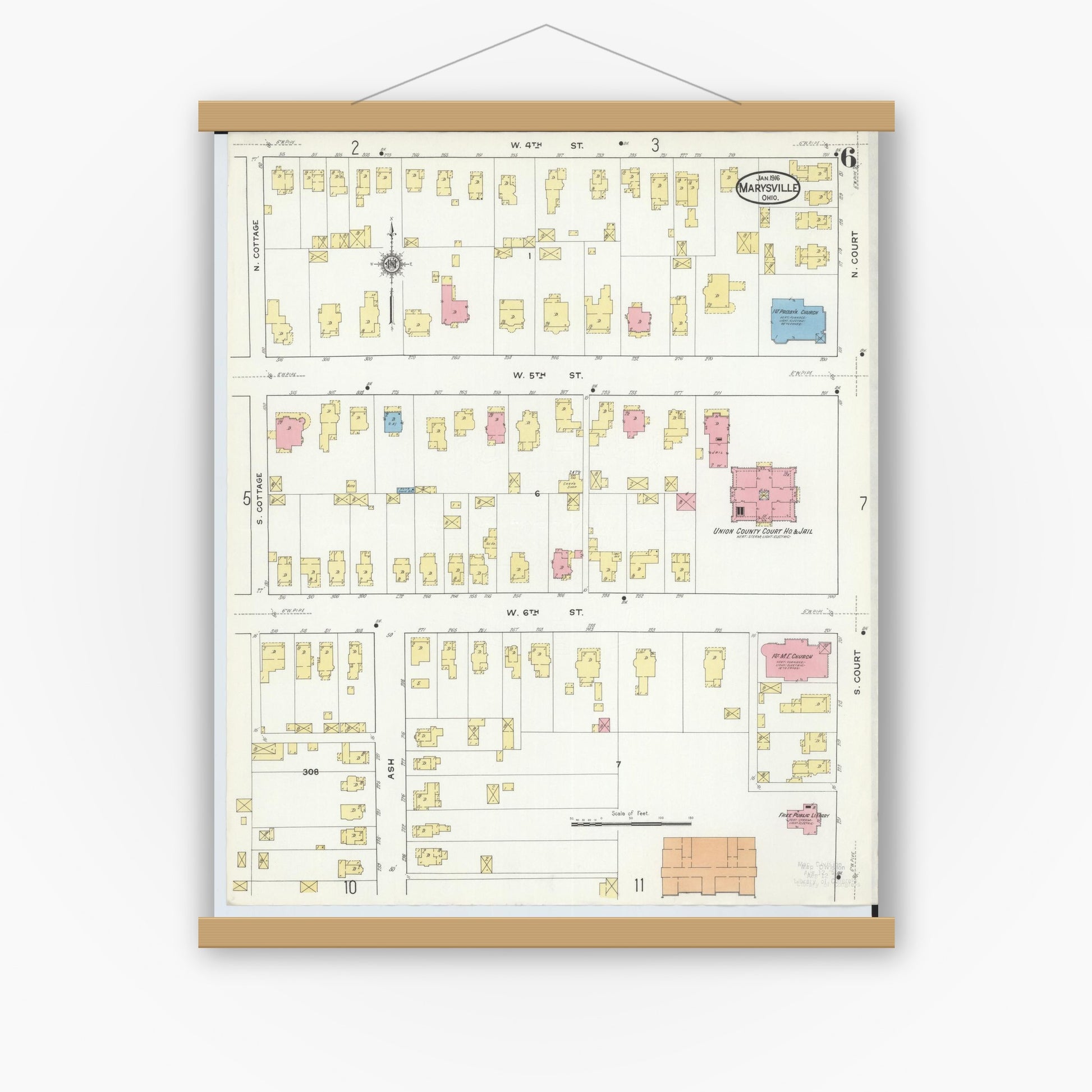 Old map wall art mockup — magnetic wood frame on white wall — Sanborn Fire Insurance Map from Marysville, Union County, Ohio (1916), Sheet #0006