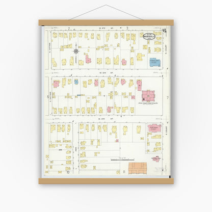 Old map wall art mockup — magnetic wood frame on white wall — Sanborn Fire Insurance Map from Marysville, Union County, Ohio (1916), Sheet #0006