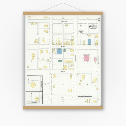 Old map wall art mockup — magnetic wood frame on white wall — Sanborn Fire Insurance Map from Wolfe City, Hunt County, Texas (1909), Sheet #0002