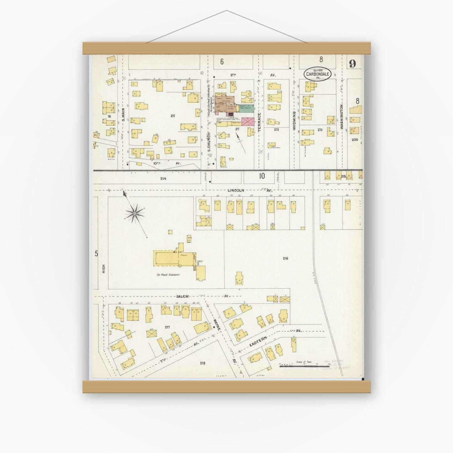 Old map wall art mockup — magnetic wood frame on white wall — Sanborn Fire Insurance Map from Carbondale, Lackawanna County, Pennsylvania (1903), Sheet #0009