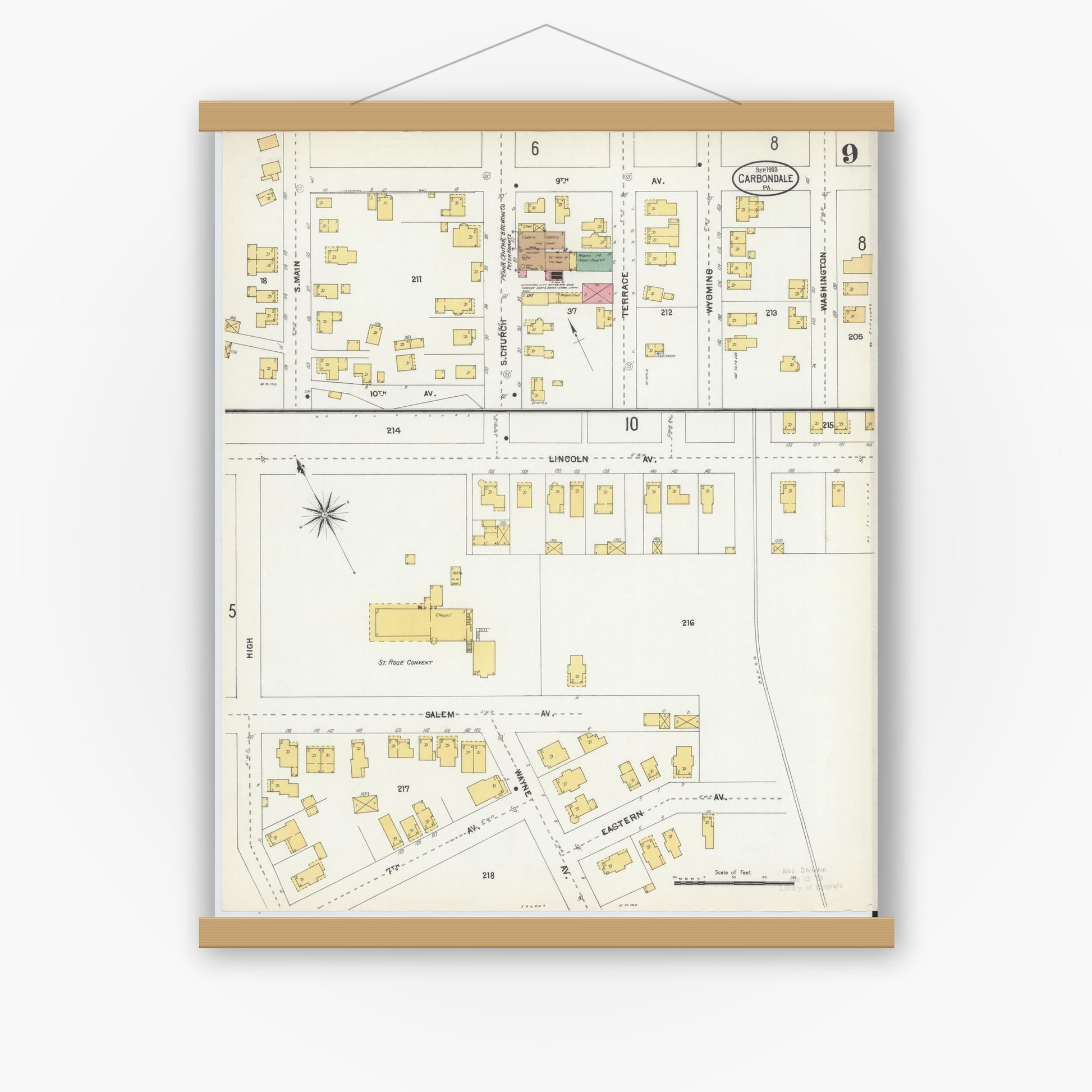 Old map wall art mockup — magnetic wood frame on white wall — Sanborn Fire Insurance Map from Carbondale, Lackawanna County, Pennsylvania (1903), Sheet #0009