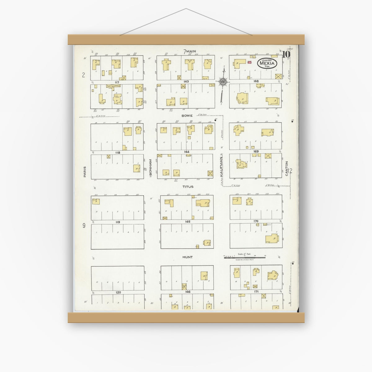 Old map wall art mockup — magnetic wood frame on white wall — Sanborn Fire Insurance Map from Mexia, Limestone County, Texas (1921), Sheet #0010