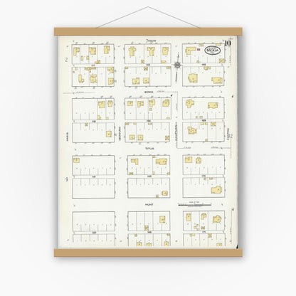Old map wall art mockup — magnetic wood frame on white wall — Sanborn Fire Insurance Map from Mexia, Limestone County, Texas (1921), Sheet #0010