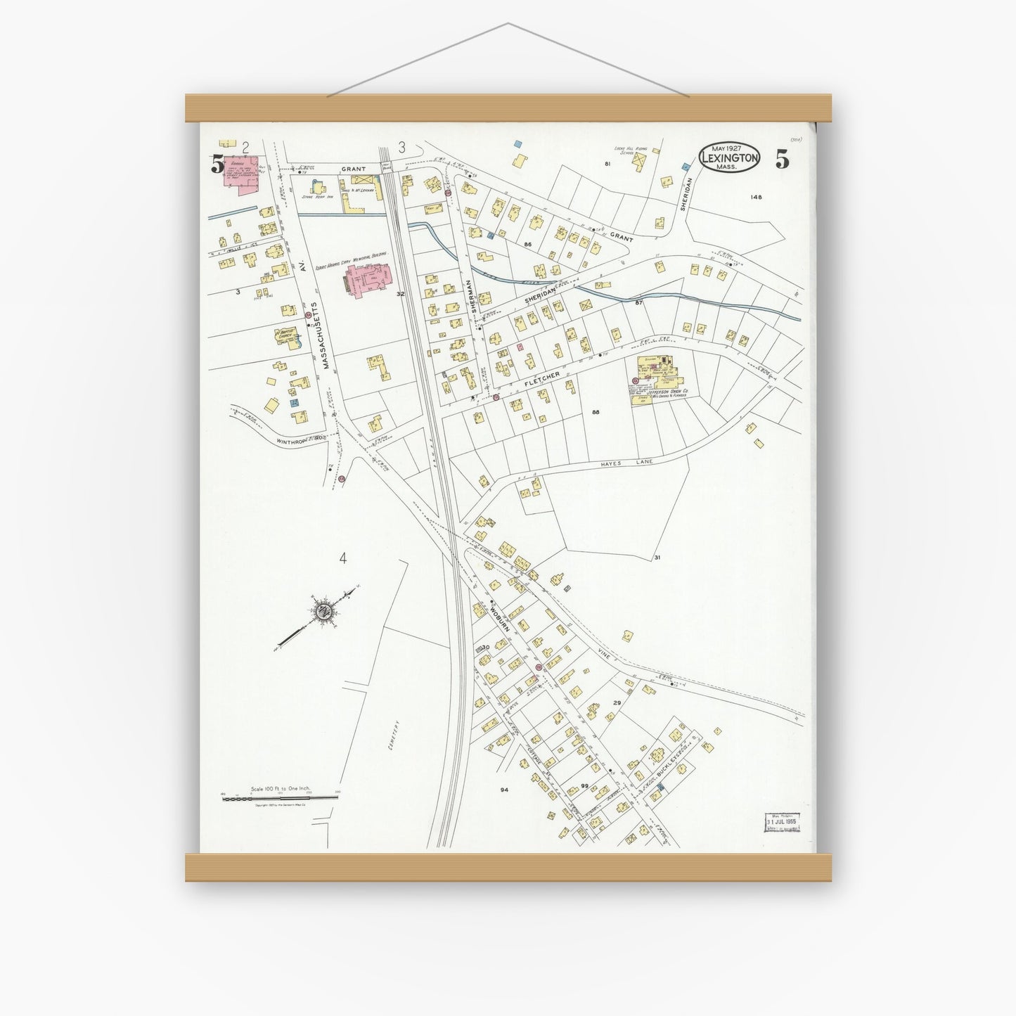 Old map wall art mockup — magnetic wood frame on white wall — Sanborn Fire Insurance Map from Lexington, Middlesex County, Massachusetts (1927), Sheet #0005