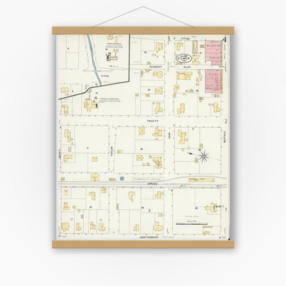 Old map wall art mockup — magnetic wood frame on white wall — Sanborn Fire Insurance Map from Gilmer, Upshur County, Texas (1907), Sheet #0004