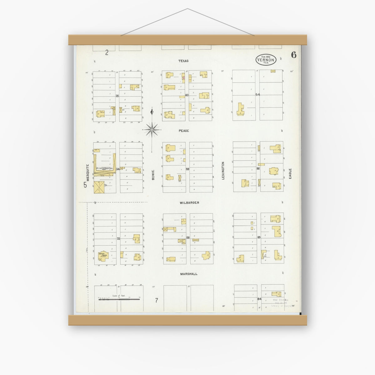 Old map wall art mockup — magnetic wood frame on white wall — Sanborn Fire Insurance Map from Vernon, Wilbarger County, Texas (1902), Sheet #0006
