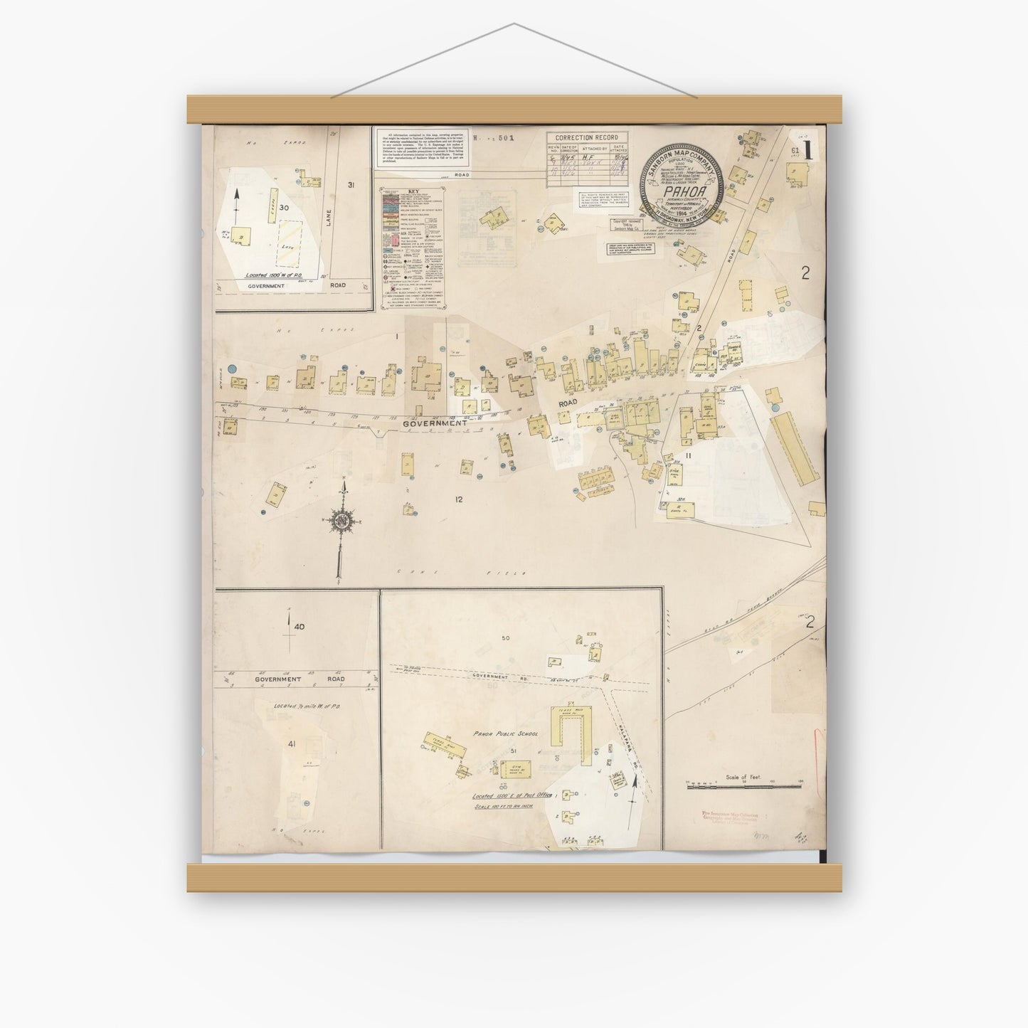 Old map wall art mockup — magnetic wood frame on white wall — Sanborn Fire Insurance Map from Pahoa, Hawaii County, Hawaii (1956) - Complete Map Set