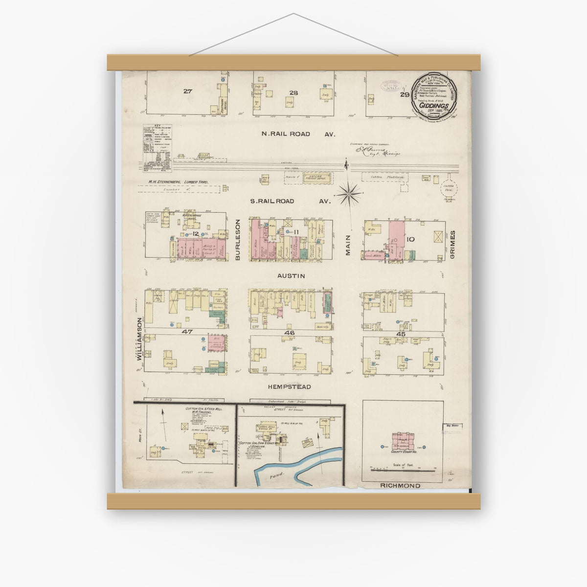 Old map wall art mockup — magnetic wood frame on white wall — Sanborn Fire Insurance Map from Giddings, Lee County, Texas (1885), Sheet #0001