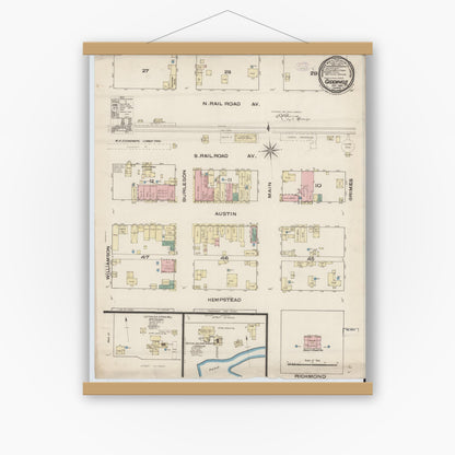 Old map wall art mockup — magnetic wood frame on white wall — Sanborn Fire Insurance Map from Giddings, Lee County, Texas (1885), Sheet #0001