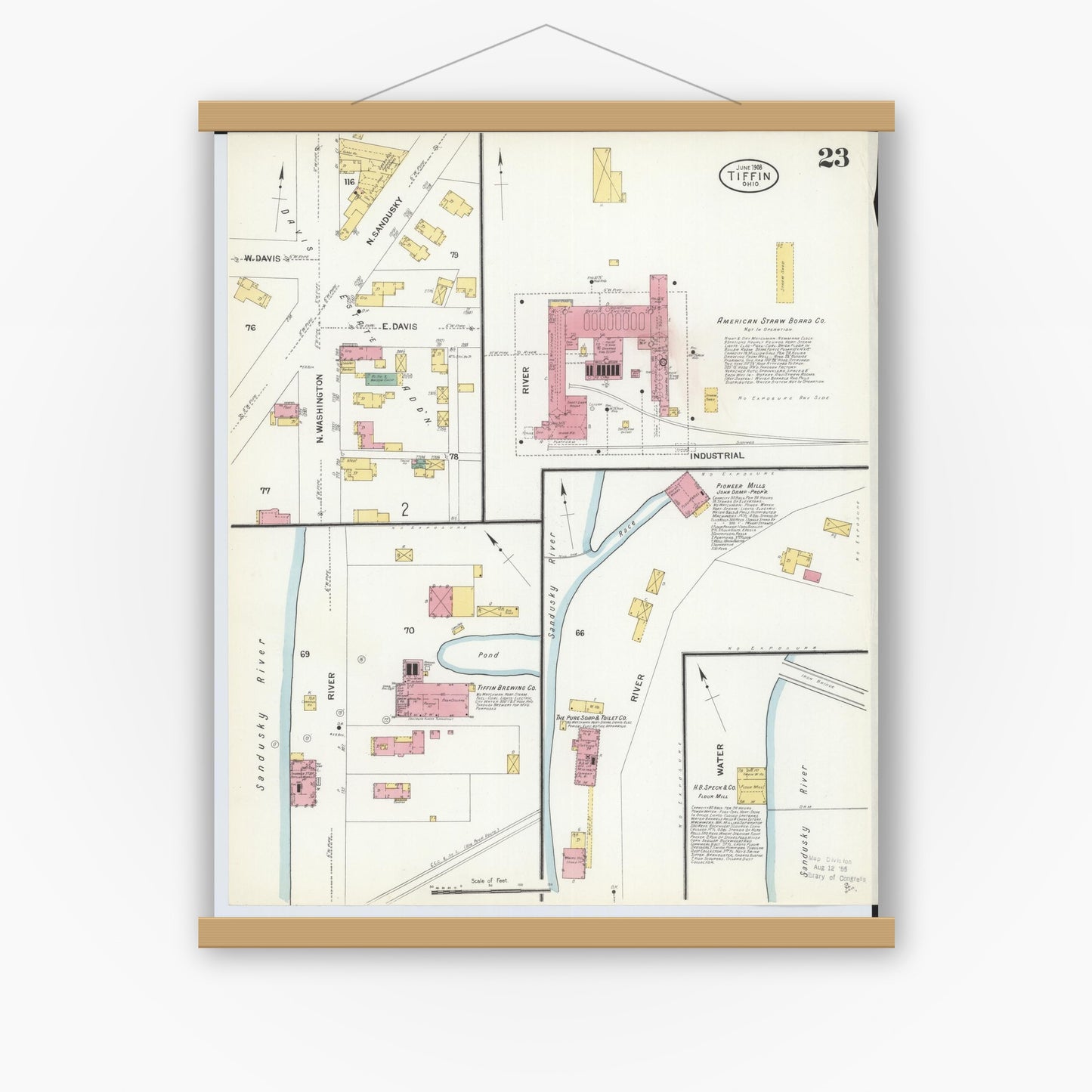 Old map wall art mockup — magnetic wood frame on white wall — Sanborn Fire Insurance Map from Tiffin, Seneca County, Ohio (1908), Sheet #0023