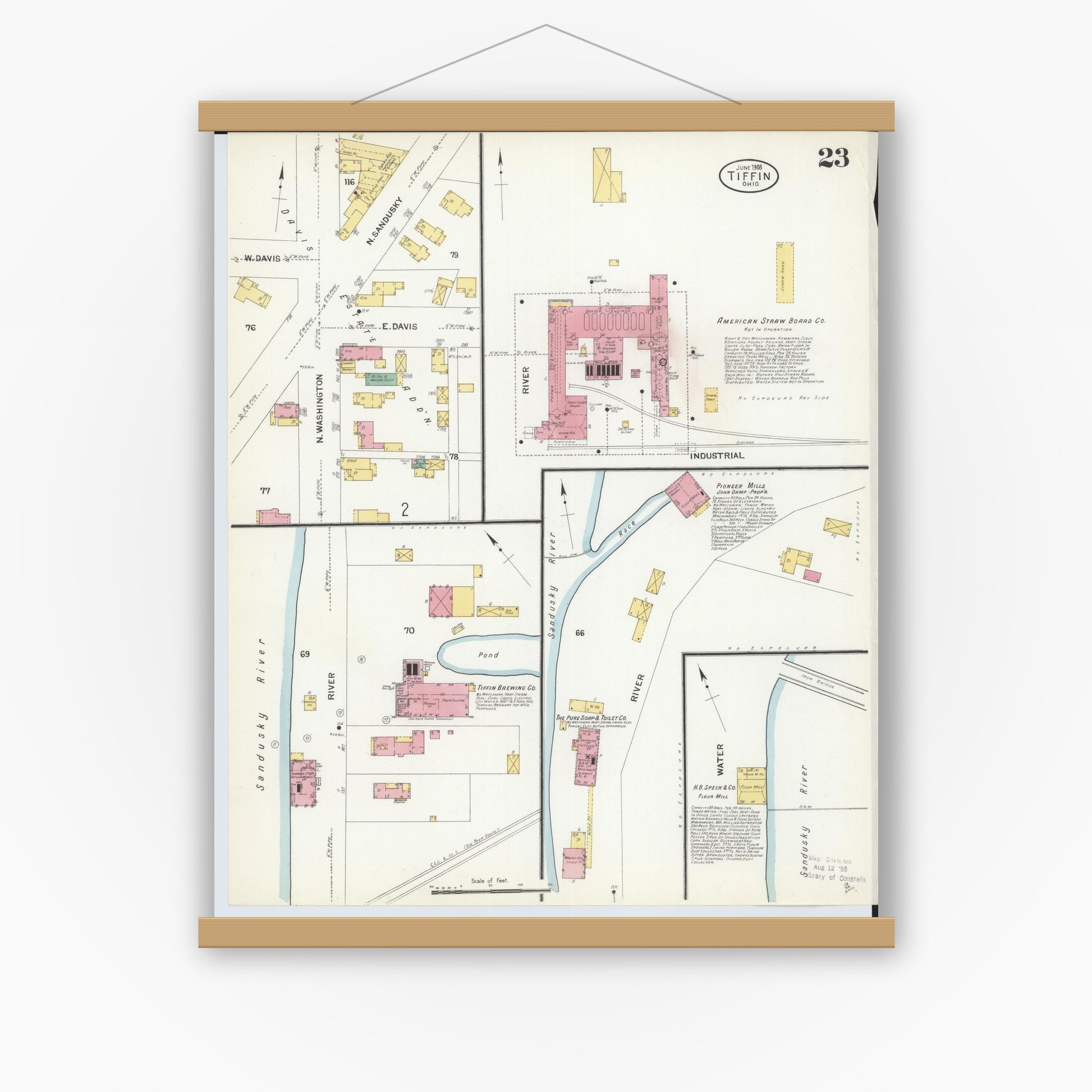 Old map wall art mockup — magnetic wood frame on white wall — Sanborn Fire Insurance Map from Tiffin, Seneca County, Ohio (1908), Sheet #0023