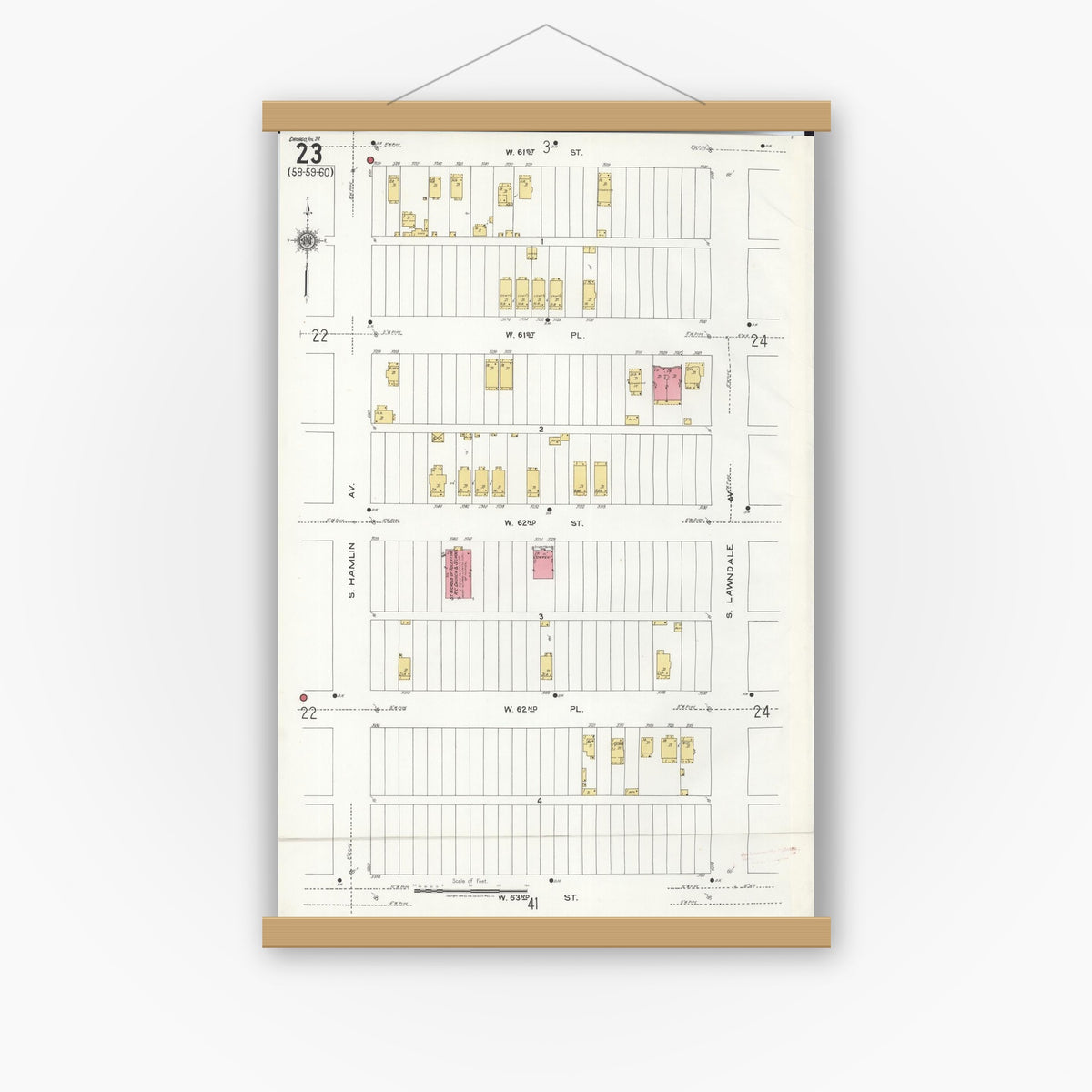 Old map wall art mockup — magnetic wood frame on white wall — Sanborn Fire Insurance Map from Chicago, Cook County, Illinois (1920), Sheet #0023