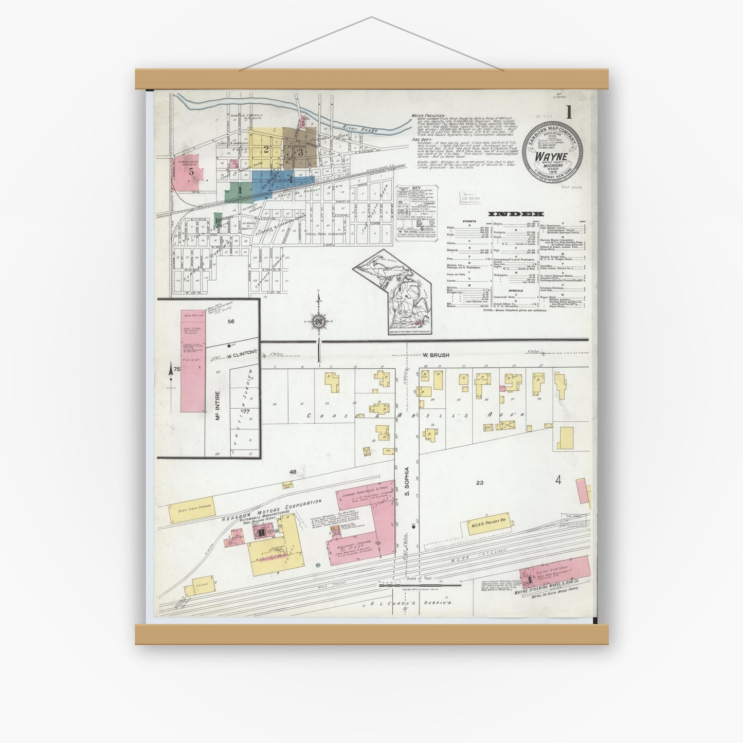 Old map wall art mockup — magnetic wood frame on white wall — Sanborn Fire Insurance Map from Wayne, Wayne County, Michigan (1919), Sheet #0001