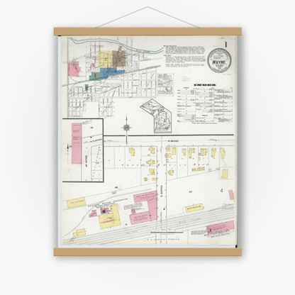 Old map wall art mockup — magnetic wood frame on white wall — Sanborn Fire Insurance Map from Wayne, Wayne County, Michigan (1919), Sheet #0001