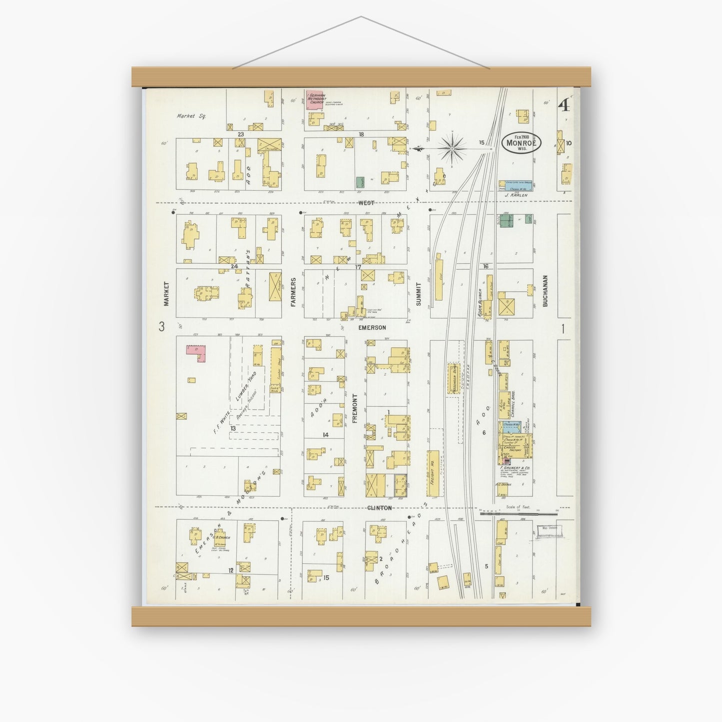 Old map wall art mockup — magnetic wood frame on white wall — Sanborn Fire Insurance Map from Monroe, Green County, Wisconsin (1900), Sheet #0004