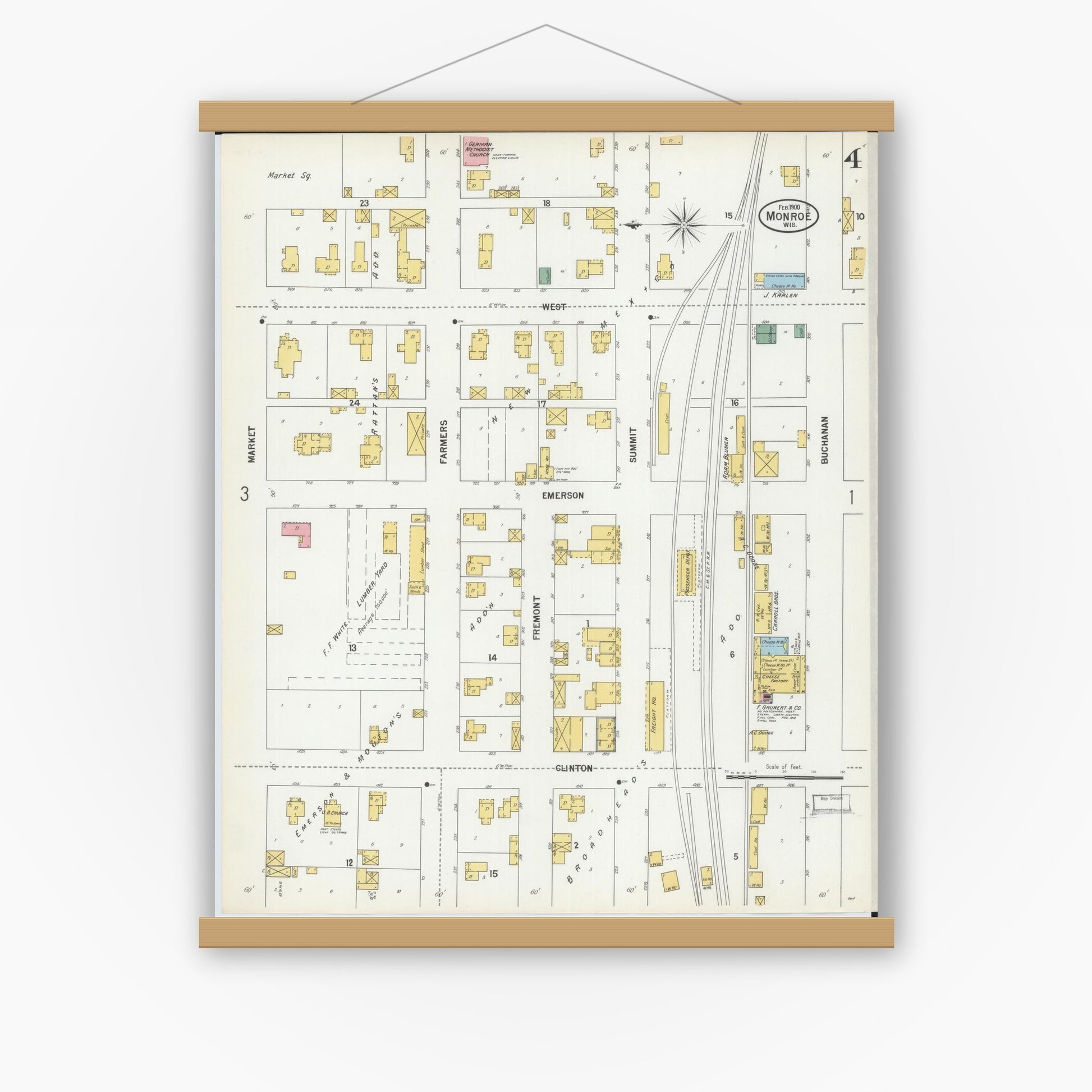 Old map wall art mockup — magnetic wood frame on white wall — Sanborn Fire Insurance Map from Monroe, Green County, Wisconsin (1900), Sheet #0004