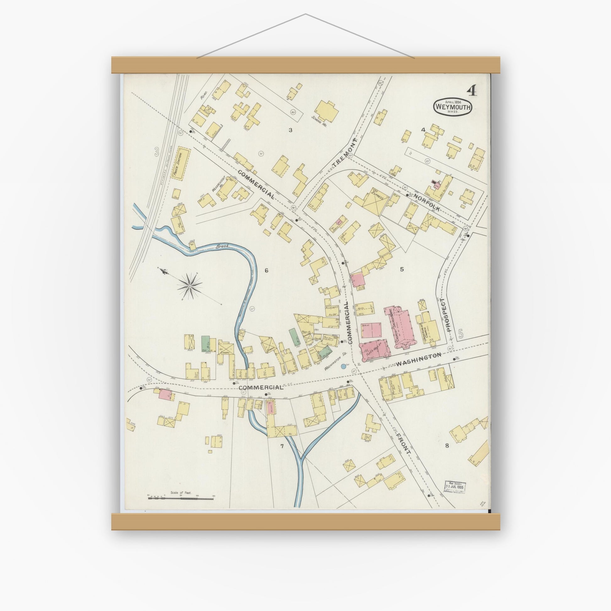 Old map wall art mockup — magnetic wood frame on white wall — Sanborn Fire Insurance Map from Weymouth, Norfolk County, Massachusetts (1894), Sheet #0004