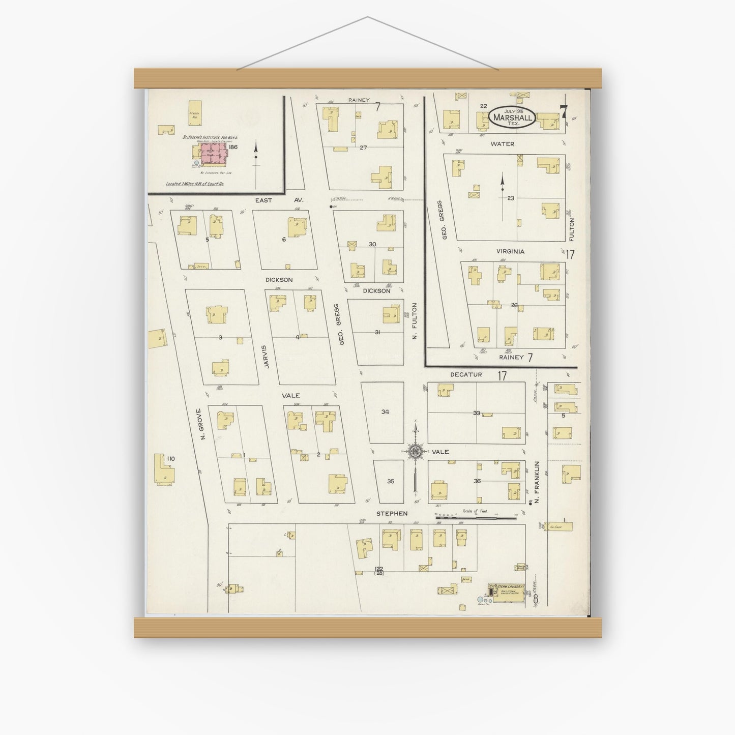 Old map wall art mockup — magnetic wood frame on white wall — Sanborn Fire Insurance Map from Marshall, Harrison County, Texas (1915), Sheet #0007