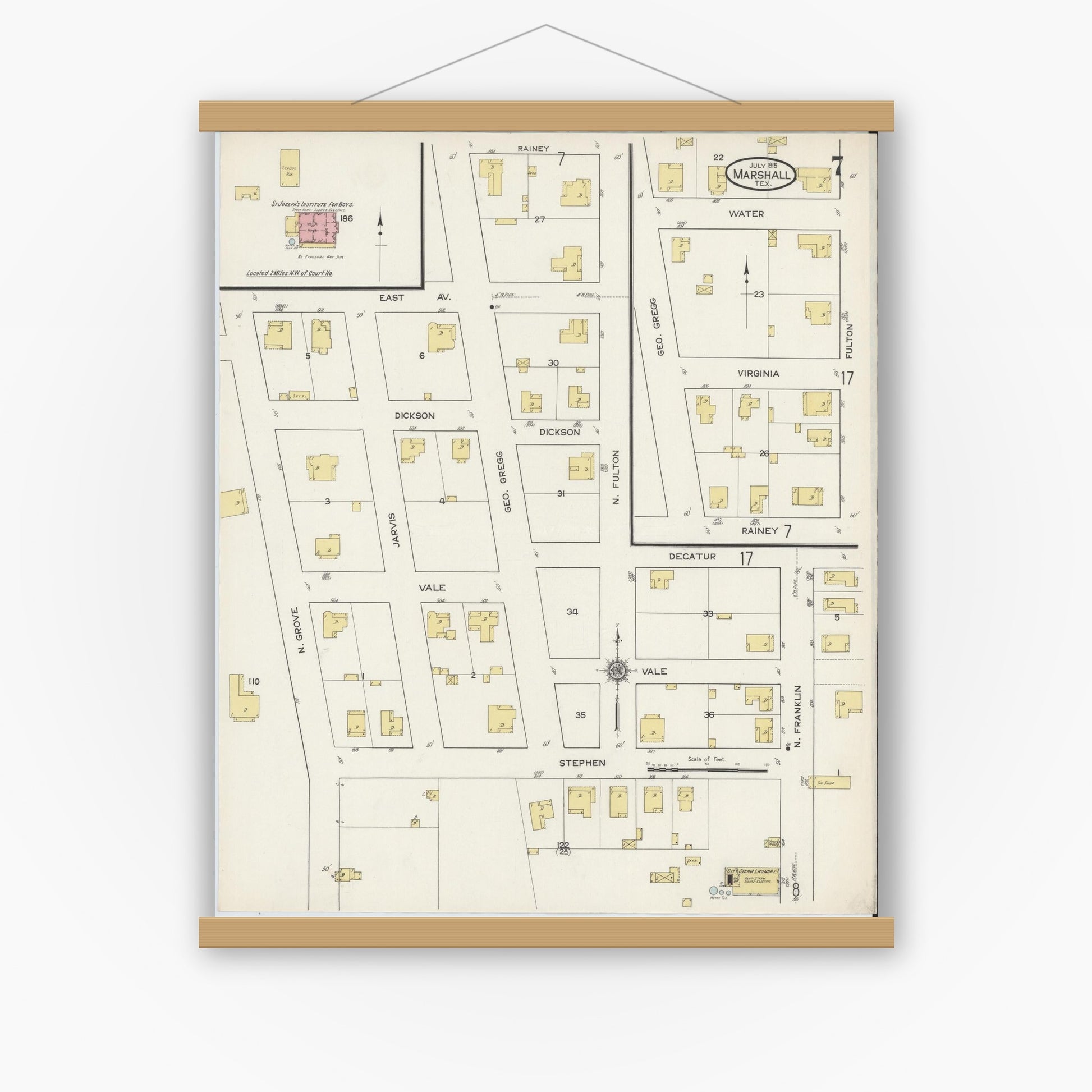 Old map wall art mockup — magnetic wood frame on white wall — Sanborn Fire Insurance Map from Marshall, Harrison County, Texas (1915), Sheet #0007