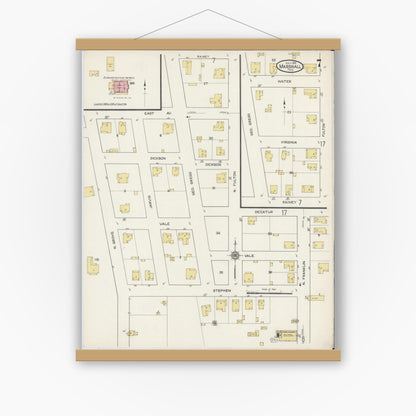 Old map wall art mockup — magnetic wood frame on white wall — Sanborn Fire Insurance Map from Marshall, Harrison County, Texas (1915), Sheet #0007