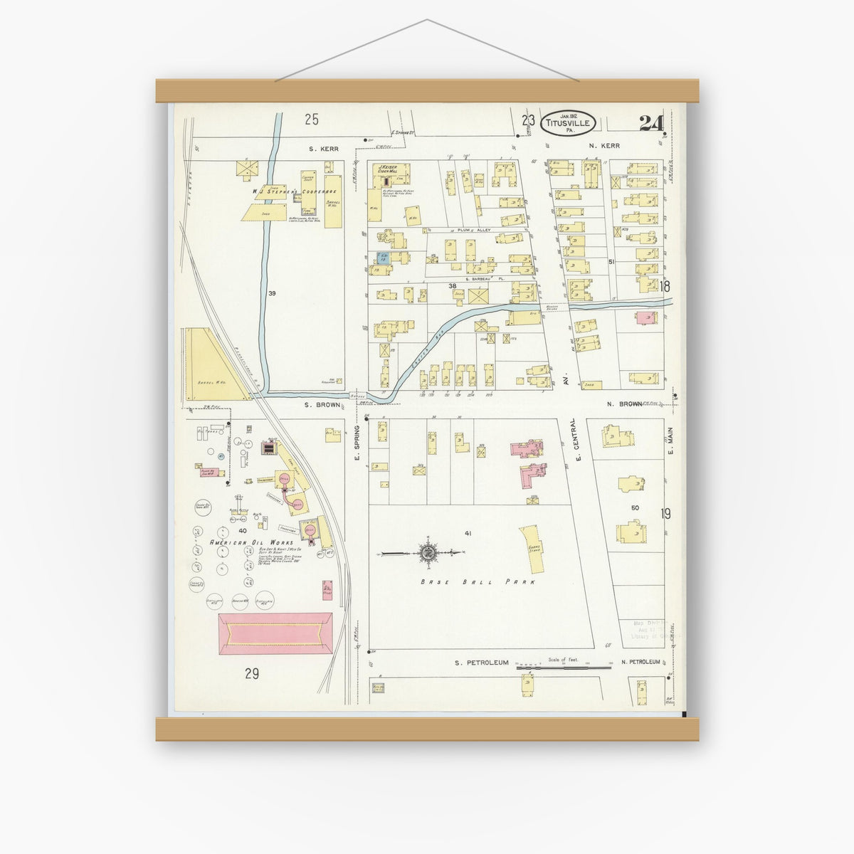 Old map wall art mockup — magnetic wood frame on white wall — Sanborn Fire Insurance Map from Titusville, Crawford County, Pennsylvania (1912), Sheet #0024