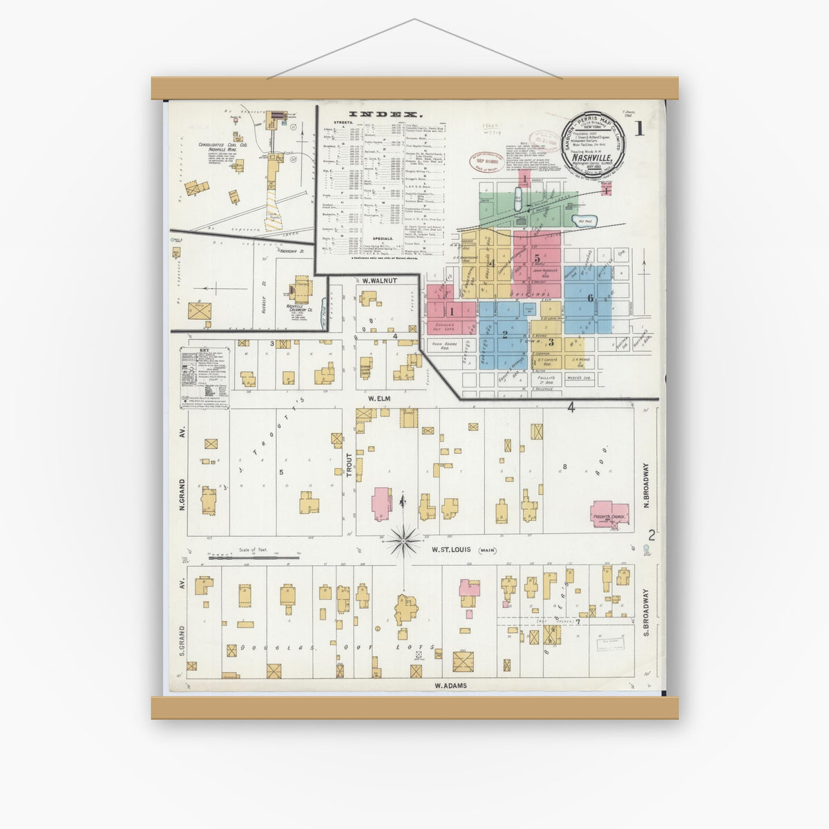 Old map wall art mockup — magnetic wood frame on white wall — Sanborn Fire Insurance Map from Nashville, Washington County, Illinois (1899) - Complete Map Set