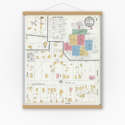 Old map wall art mockup — magnetic wood frame on white wall — Sanborn Fire Insurance Map from Nashville, Washington County, Illinois (1899) - Complete Map Set