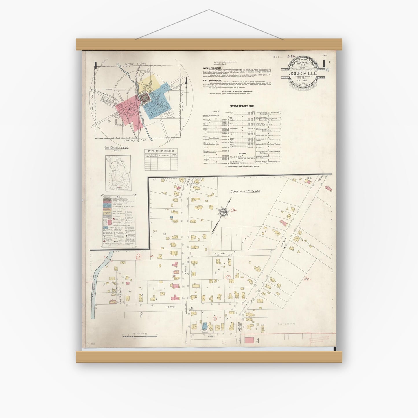 Old map wall art mockup — magnetic wood frame on white wall — Sanborn Fire Insurance Map from Jonesville, Hillsdale County, Michigan (1938) - Complete Map Set