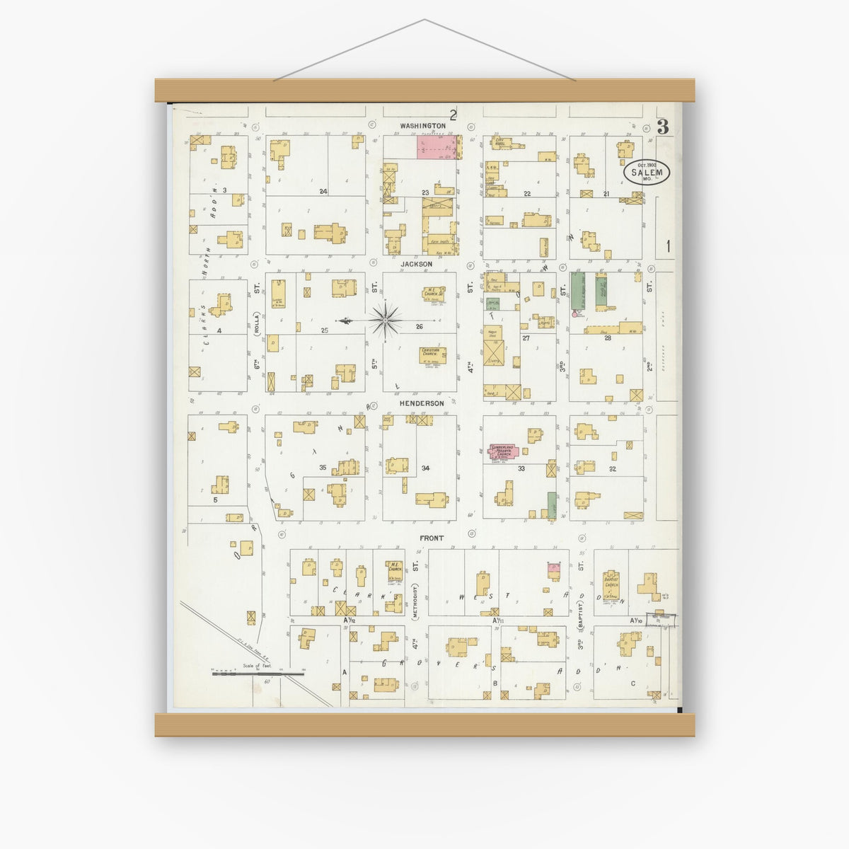 Old map wall art mockup — magnetic wood frame on white wall — Sanborn Fire Insurance Map from Salem, Dent County, Missouri (1900), Sheet #0003