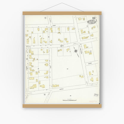 Old map wall art mockup — magnetic wood frame on white wall — Sanborn Fire Insurance Map from Winchendon, Worcester County, Massachusetts (1909), Sheet #0015