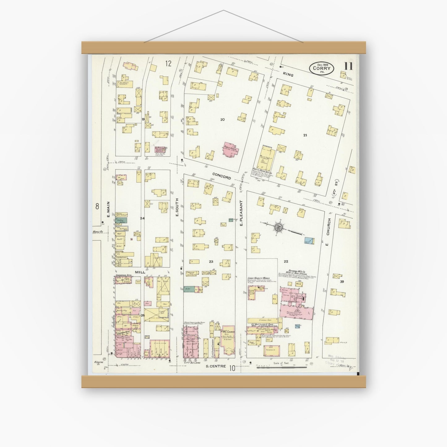 Old map wall art mockup — magnetic wood frame on white wall — Sanborn Fire Insurance Map from Corry, Erie County, Pennsylvania (1909), Sheet #0011