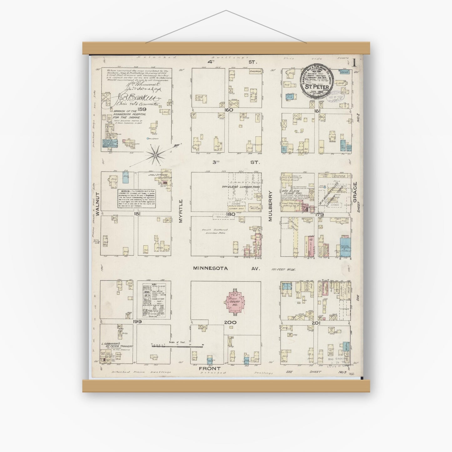 Old map wall art mockup — magnetic wood frame on white wall — Sanborn Fire Insurance Map from Saint Peter, Nicollet County, Minnesota (1885) - Complete Map Set