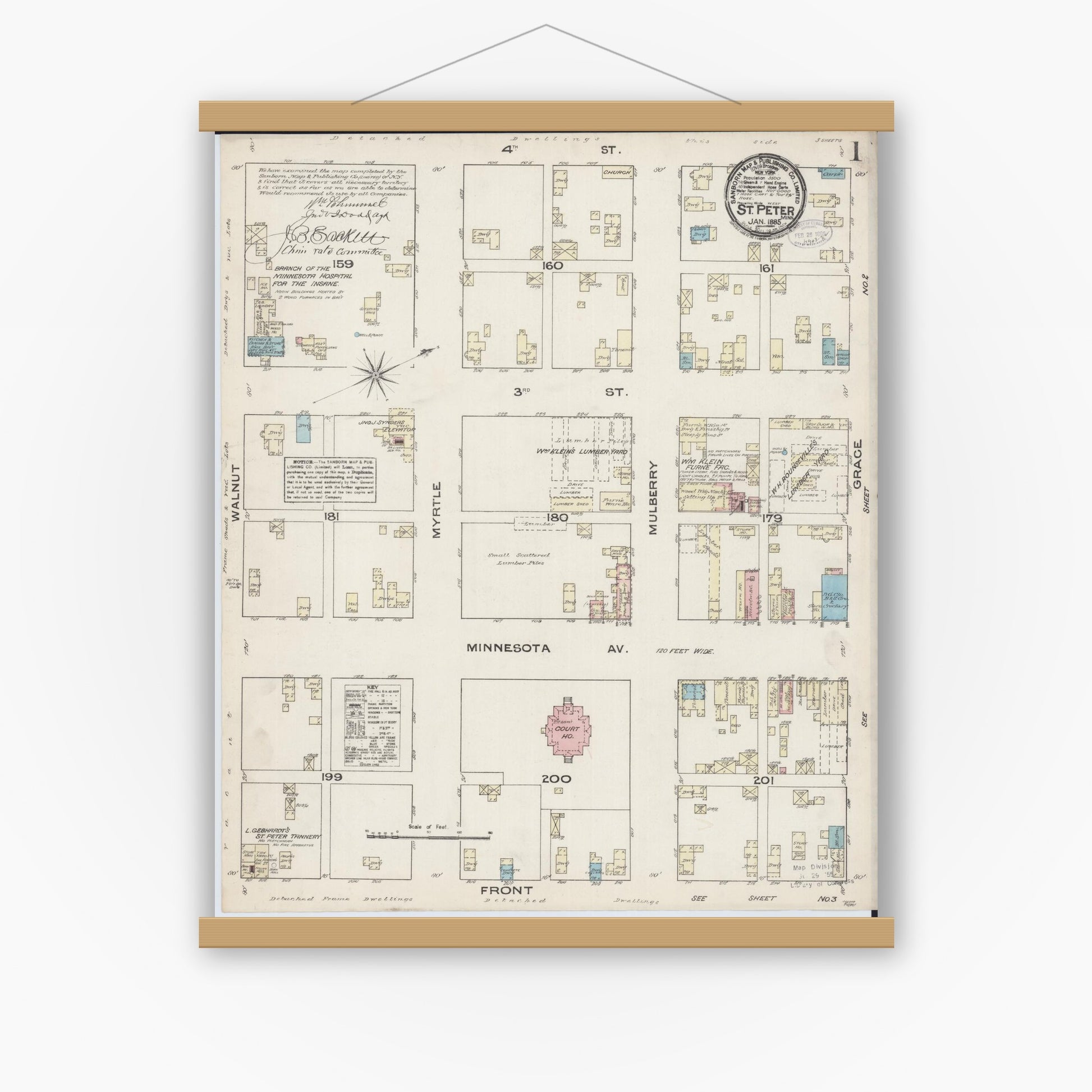 Old map wall art mockup — magnetic wood frame on white wall — Sanborn Fire Insurance Map from Saint Peter, Nicollet County, Minnesota (1885) - Complete Map Set