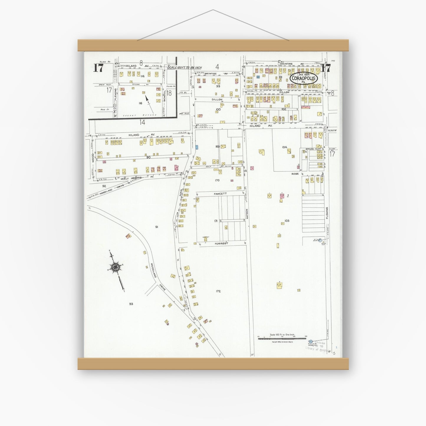 Old map wall art mockup — magnetic wood frame on white wall — Sanborn Fire Insurance Map from Coraopolis, Allegheny County, Pennsylvania (1924), Sheet #0017