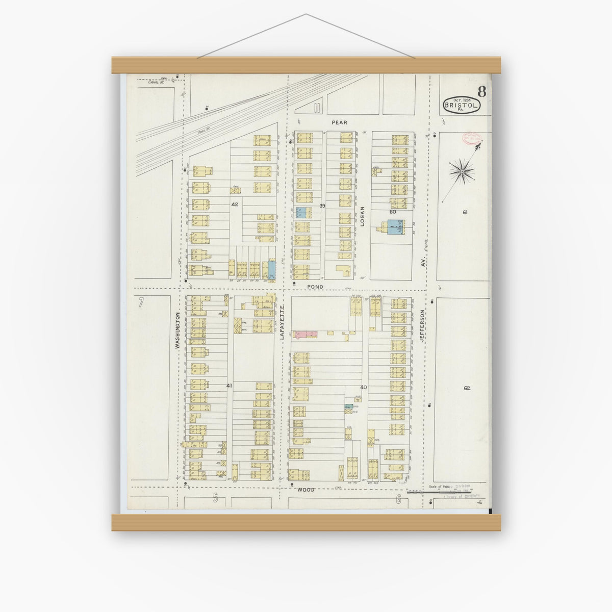 Old map wall art mockup — magnetic wood frame on white wall — Sanborn Fire Insurance Map from Bristol, Bucks County, Pennsylvania (1894), Sheet #0008
