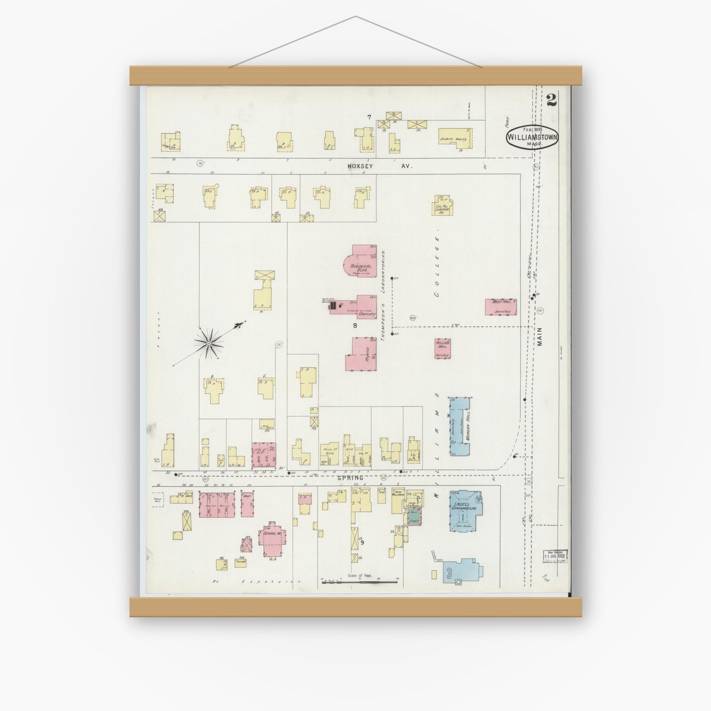Old map wall art mockup — magnetic wood frame on white wall — Sanborn Fire Insurance Map from Williamstown, Berkshire County, Massachusetts (1895), Sheet #0002