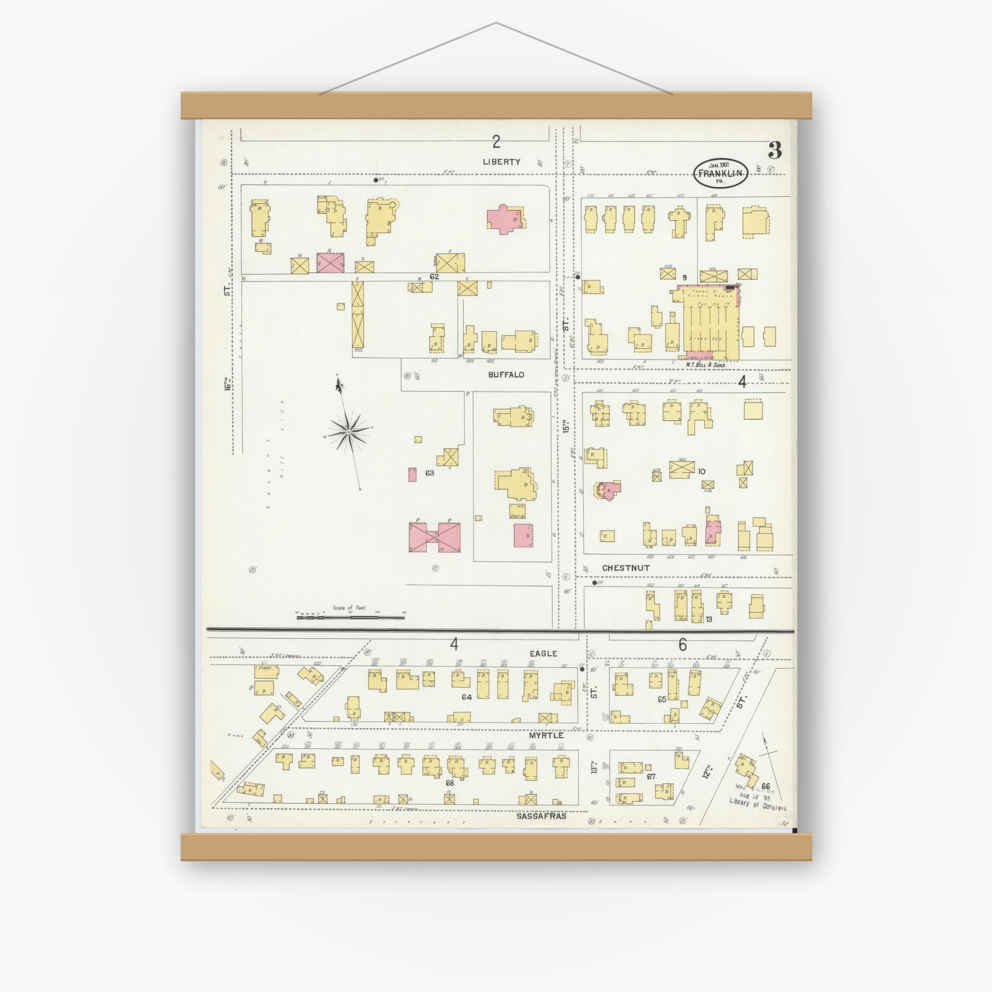 Old map wall art mockup — magnetic wood frame on white wall — Sanborn Fire Insurance Map from Franklin, Venango County, Pennsylvania (1901), Sheet #0003