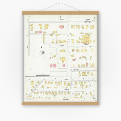 Old map wall art mockup — magnetic wood frame on white wall — Sanborn Fire Insurance Map from Franklin, Venango County, Pennsylvania (1901), Sheet #0003
