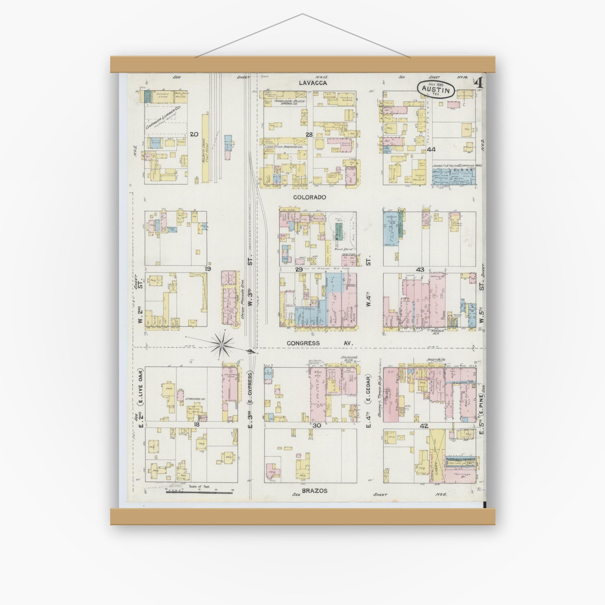 Old map wall art mockup — magnetic wood frame on white wall — Sanborn Fire Insurance Map from Austin, Travis County, Texas (1889), Sheet #0004