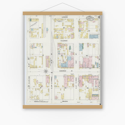Old map wall art mockup — magnetic wood frame on white wall — Sanborn Fire Insurance Map from Austin, Travis County, Texas (1889), Sheet #0004