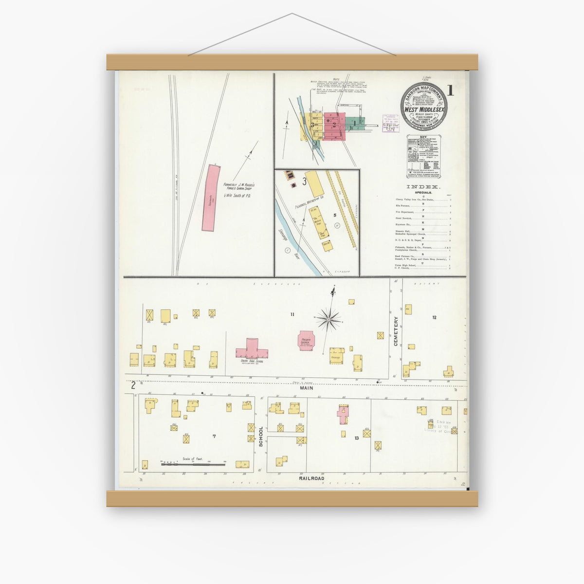 Old map wall art mockup — magnetic wood frame on white wall — Sanborn Fire Insurance Map from West Middlesex, Mercer County, Pennsylvania (1905), Sheet #0001