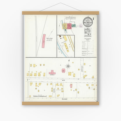 Old map wall art mockup — magnetic wood frame on white wall — Sanborn Fire Insurance Map from West Middlesex, Mercer County, Pennsylvania (1905), Sheet #0001