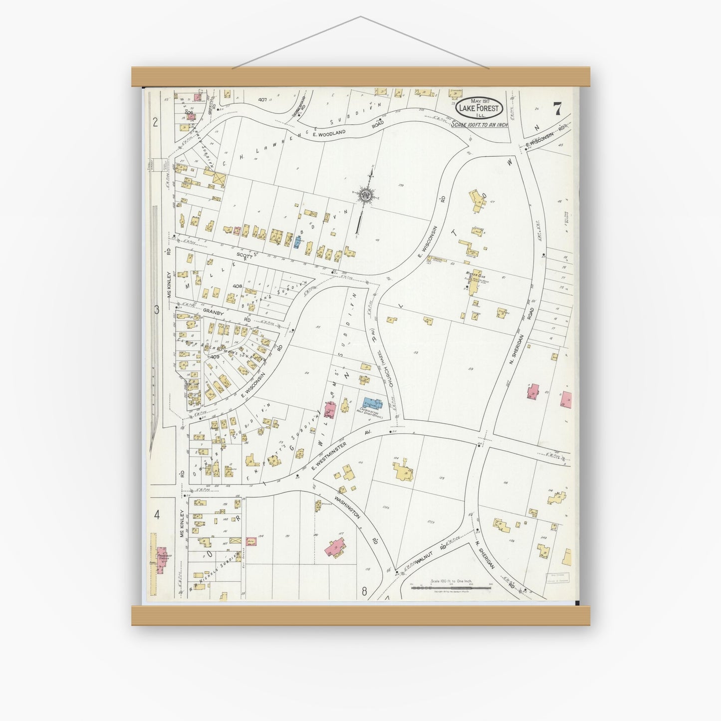 Old map wall art mockup — magnetic wood frame on white wall — Sanborn Fire Insurance Map from Lake Forest, Lake County, Illinois (1917), Sheet #0007